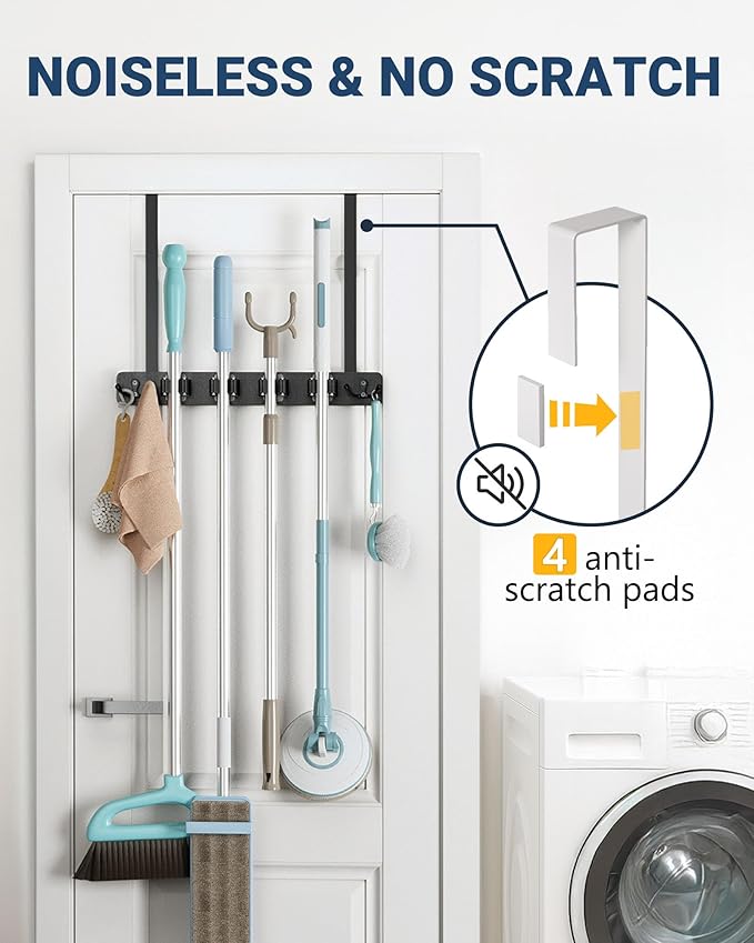 Lorbro Broom Holder Door Mount, Over the Door Broom and Mop Holder with 2 Over Door Hooks, Wood Broom Hanger, Tool Rack Organizer for Laundry, Garage, Closet, Kitchen Decor, 4 Slots & 4 Hooks Rustic
