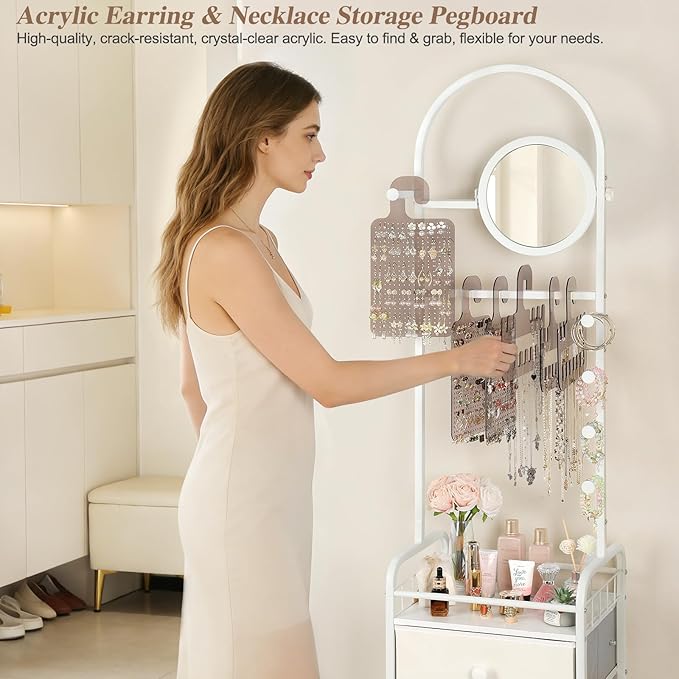 Keebofly Floor Jewelry Organizer with Adjustable Mirror, 67.52" Tall Jewelry Display Stand with 6 Acrylic Earring Necklace Pegboards, Mobile Jewelry Tower with Large Storage Drawer for Women