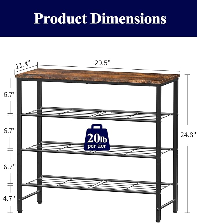 Kitsure Shoe Rack for Closet, Rustic Brown Shoe Organizer with Leveling Feet, Sturdy & Rust-Proof Shoe Storage for Entryway, Bedroom, Living Room, 29.5" x 11.4" x 24.8", Brown