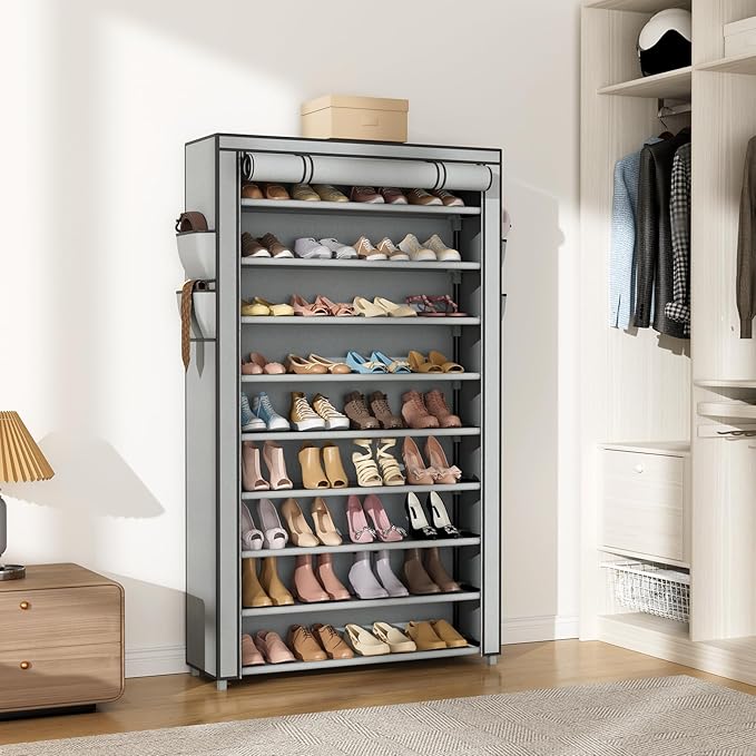 VILICK Shoe Rack with Cover Narrow Shoe Organizer with Pockets 10 Tier Tall Shoe Storage Holds 36-41 Pairs Shoes and Boots Shoe Rack for Closet Entryway Garage, Grey