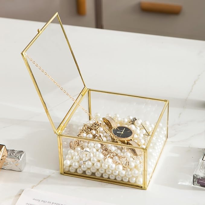 Vintage Square Gold Keepsake Box - Home Decor Organizer Box With Lid, Ideal for Jewelry, Trinkets and Accent Decor