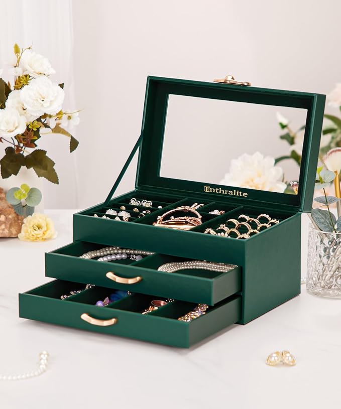 Enthralite Jewelry Box with 2 Drawers: Display Organizer for Earrings Necklaces - Christmas Gifts for Girls Women (Forest Green)