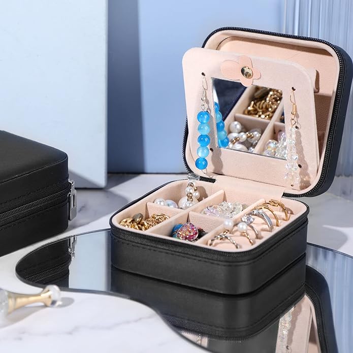 Hillban Bridesmaid Gifts Jewelry Box with Mirror, PU Leather Small Travel Jewelry Case Organizer Storage for Women Girls