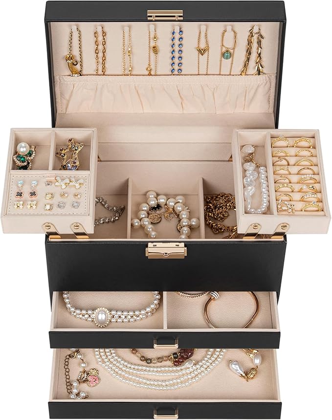 AKOZLIN Travel Jewelry Box Organizer Functional 2-trays Leather Jewelry Storage Case with Lockable Portable 2 Drawers for Women Girls Ring Necklace Earring Bracelet