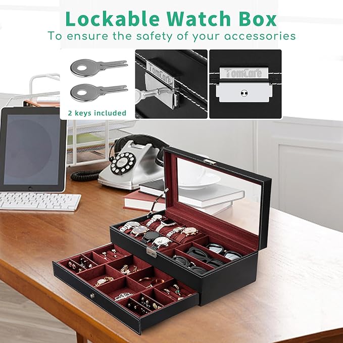 TomCare Watch Box 2-Tier Watch Case Jewelry Organizer Box with Thick Glass Lid Lockable Watch Organizer Jewelry Display Holder Sunglass Rings Necklaces Bracelets Storage Organizer for Men Women