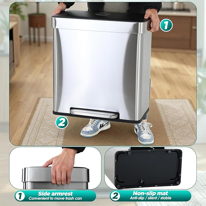 FDW 16 Gallon / 60 L Garbage Can Kitchen Trash Can with Lid for Office Bedroom Bathroom Step Trash Bin Fingerprint-Proof Brushed Stainless Steel 16 Gallon / 60 Liter