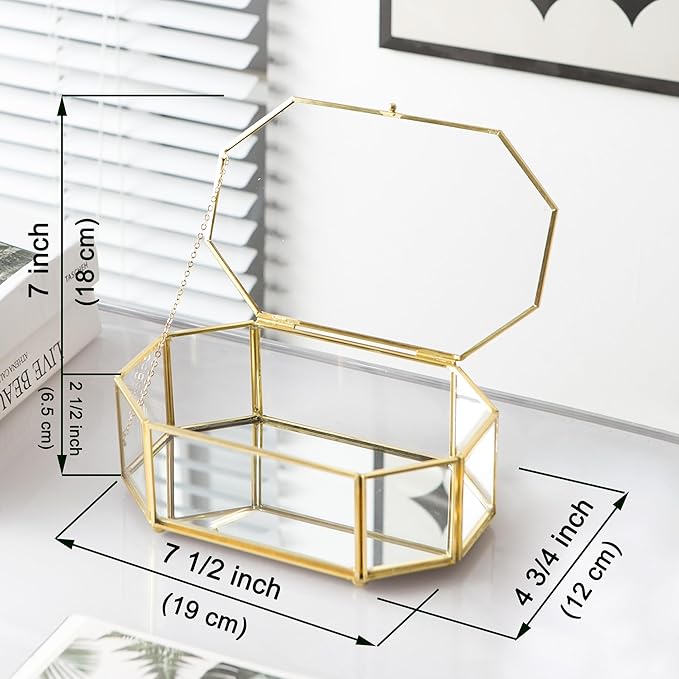 Glass Keepsake Organizer - Vintage Octagon Lidded Gold Home Decor Accent Box for Storage Rings, Bracelets