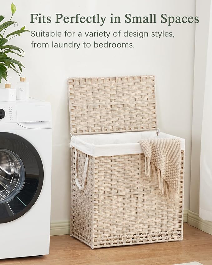 SETVSON Laundry Hamper with Lid Wicker Laundry Basket 112 L (29.6 Gal) Laundry Hampers Handwoven Rattan Clothes Hamper with Handles 3 Removable Liner Bag, 6 Mesh Bags for Bathroom Bedroom Light Khaki