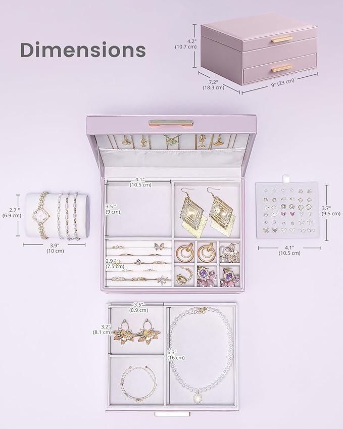 Lolalet 2-Layer Jewelry Box Organizer for Women Girls, Jewelry Storage Case Holder with Drawers for Necklaces Ring Earrings Bracelet Watch, Gifts Choice for Mom Mother’s Day -Purple