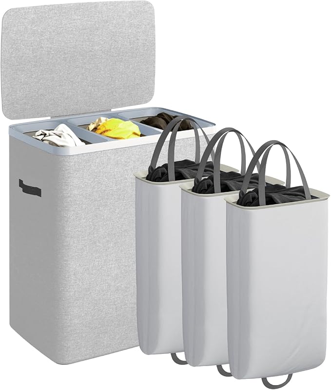 CASAMAYA Laundry Basket with Lid, Laundry Hamper 3 Section, 190L collapsible Laundry Organizer, Easy Assembly, with Handles and Removable Liners, 25.2 x 15.7 x 29.5 Inches, Gray JSP904G