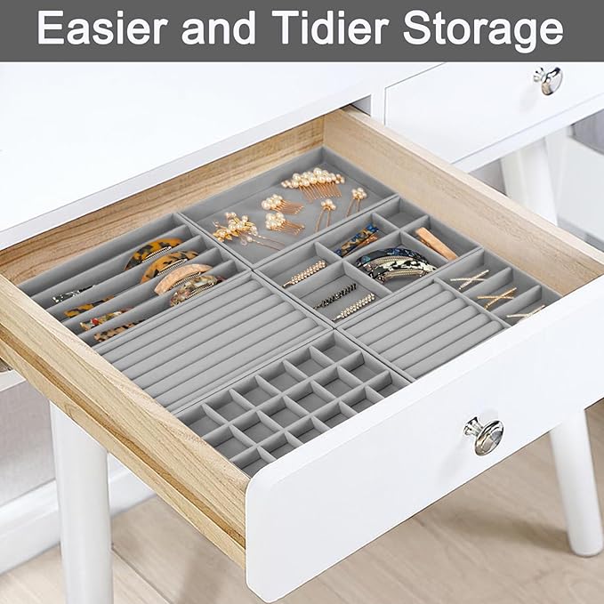 12Pcs Velvet Stackable Jewelry Trays, Jewelry Drawer Organizer, Large Removable Display Jewelry Tray, Necklace Bracelet Storage Box for Earring, Ring, Brooch, Watch (Grey)