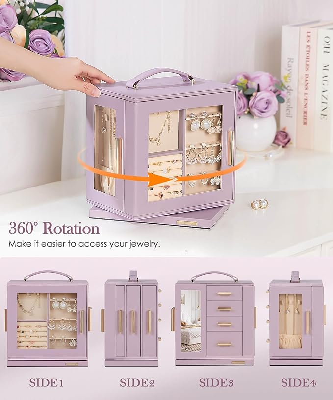 Homde Jewelry Box 360° Rotating, Necklace Earring Organizer with Transparent Window, Mirror, 7 Drawers, Large Ring Display Storage Case for Girls Women (Grey Purple)