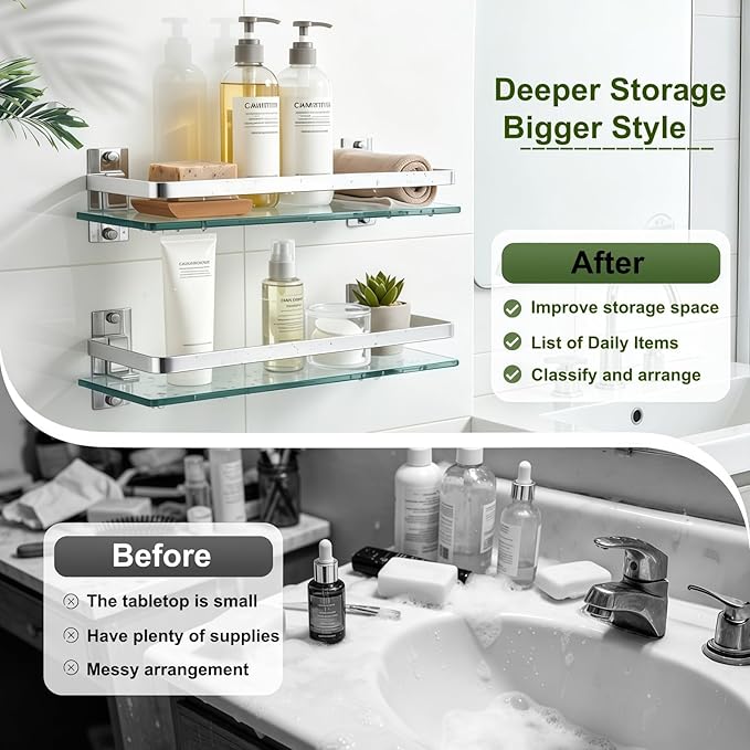 AIJALY 3 Pack Bathroom Glass Shelf,Aluminum Tempered Glass 0.3in Extra Thick Rectangular 1 Tier Storage Organizer Wall Mount,Silver 15.7in