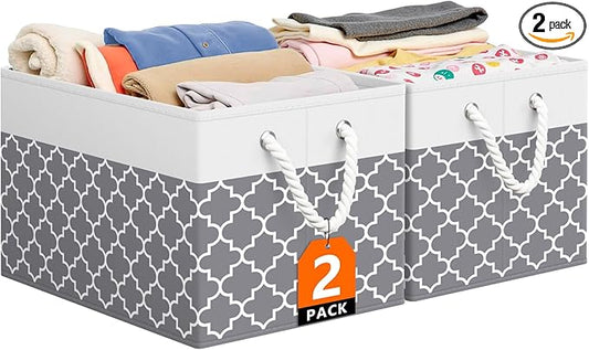 StorageTastic Storage Bin,Collapsible Storage Basket For Organizing,Large Storage Boxes With Rope Handles,Storage Containers,Clover Grey,2 Pack