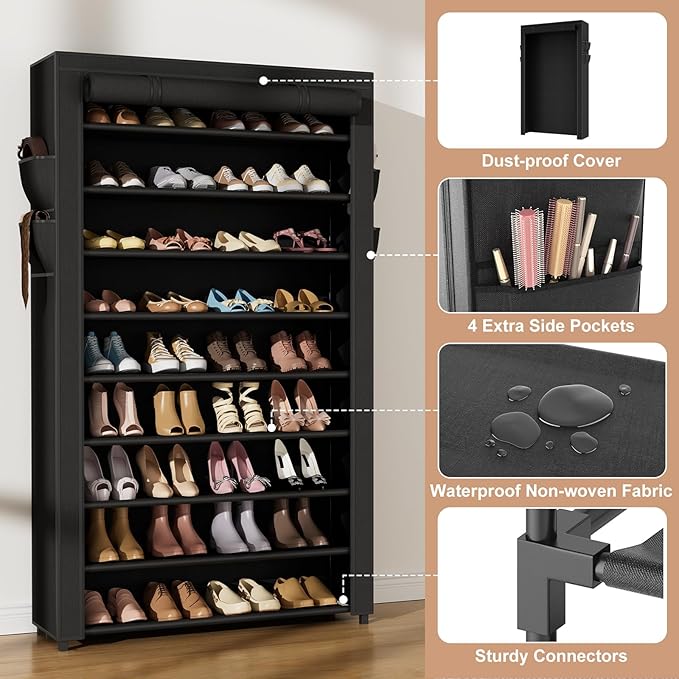 VILICK Shoe Rack with Cover Narrow Shoe Organizer with Pockets 10 Tier Tall Shoe Storage Holds 36-41 Pairs Shoes and Boots Shoe Rack for Closet Entryway Garage, Black