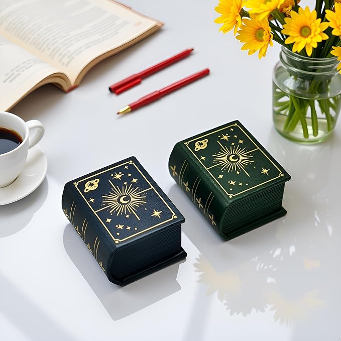 Book Shaped Ring Box - Vintage Engagement Ring Box with Hinged Lid for Proposal Engagement Wedding, Proposal Ring Case with Magnetic Closure-PRB011-Green