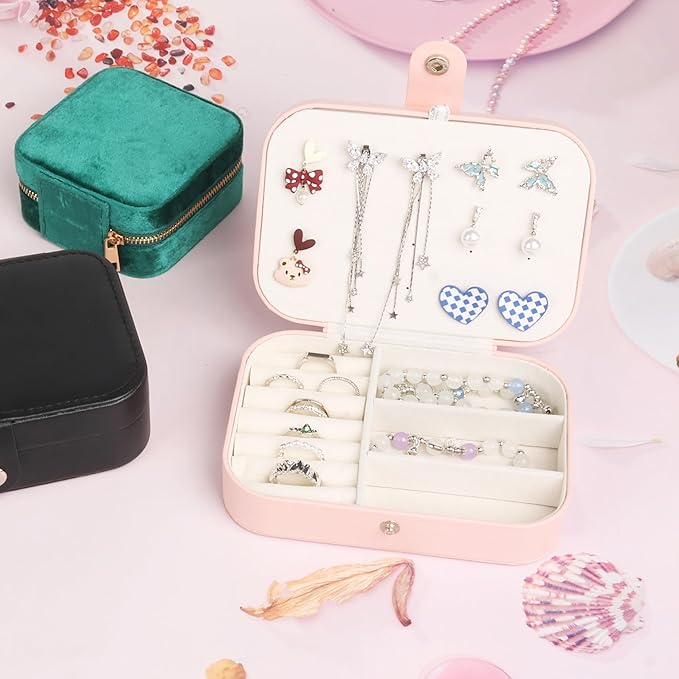 Travel jewelry case,Small Jewelry Box Organizer with Mirror, Gift for Women Girls,3.9"x3.9",Pink,1Pack