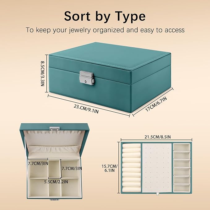 Homeanda Jewelry box 2 layer Jewelry box Leather Jewelry boxes for Women Girls Teens Jewelry organizer box Jewelry Storage box with lock(Green)