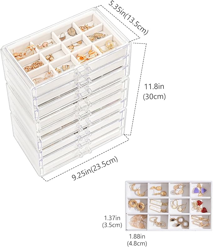 Lolalet Earring Holder Organizer Box Jewelry Storage with 9 Drawers, Clear Acrylic Stackable Earring Case with Adjustable Velvet Trays for Women on Dresser Vanity -Warmwhite, 9 Layers