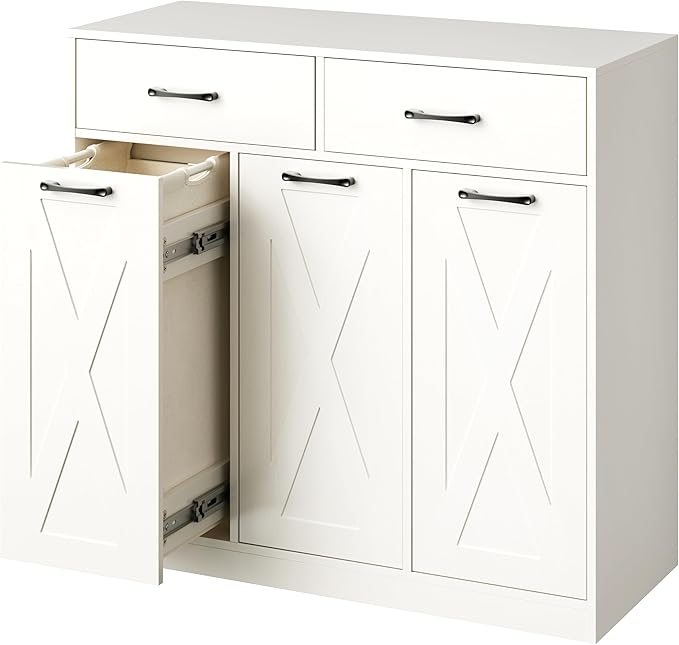 Herture Laundry Hamper Cabinet, Laundry Basket 3 Section with 2 Storage Drawers, Laundry Sorter with Pull-Out Removable Large Bags, 3 x 15.87 Gallons (60L), for Laundry Room Bathroom, White YL01XLW