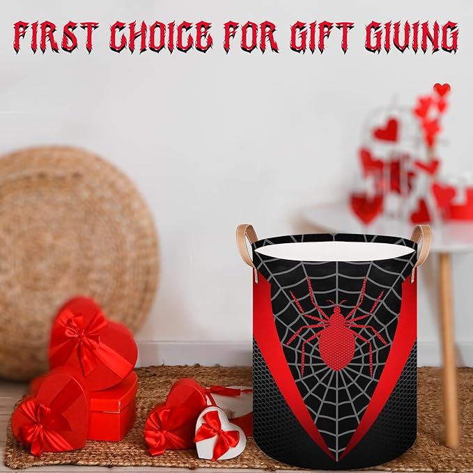 Black Spider Web Large Laundry Hamper Basket, Round Collapsible Storage Organizer Bin for Kids, Boys, Nursery, Closet, Bedroom, Playroom, Toys, Dirty Clothes, 16" W x 20" H