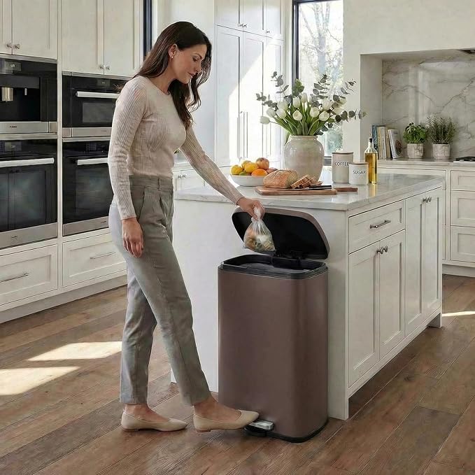 8 Gal Kitchen Trash Can, 30L Recycling or Garbage Bin, Brushed Stainless Steel Waste Basket, Soft&Quiet Close Dustbin, with Step-On Pedal, Removable Inner Bucket, for Home, Office, Living Room