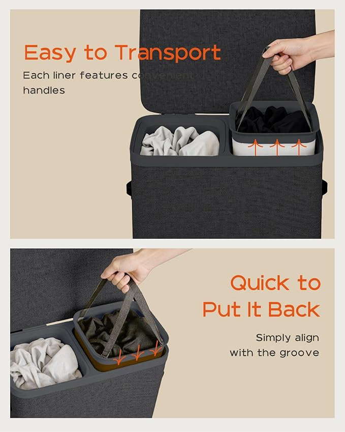 CASAMAYA Laundry Basket with Lid, Laundry Hamper 2 Section, 170L collapsible Laundry Organizer, Easy Assembly, with Handles and Removable Liners, 22 x 15.7 x 29.5 Inches, Black JSP903B