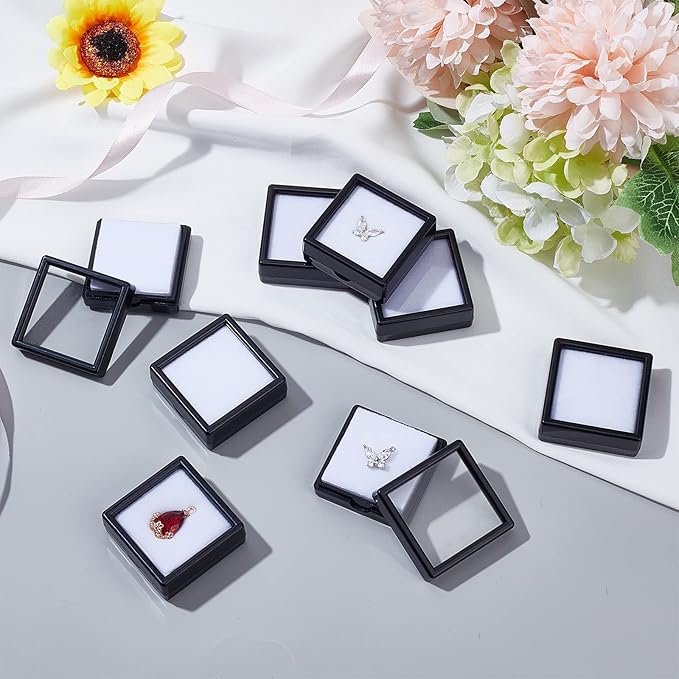 BENECREAT 24PCS Black Gemstone Display Box Jewelry Box Container with Clear Top Lids 1.5x1.5x0.6 for Gems, Jewelry, Crystal Diamond Accessories Display