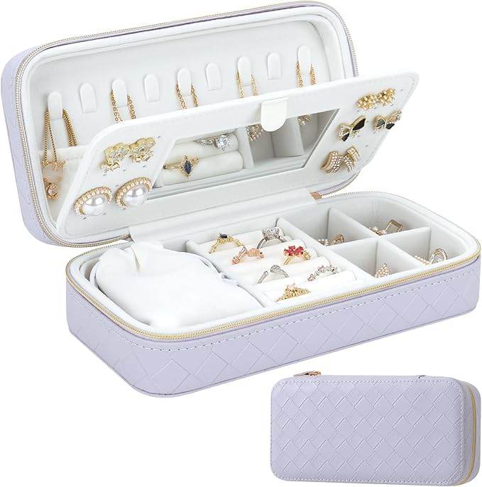 DesignSter Travel Jewelry Case, Woven Embossed PU Leather Jewelry Organizer with Mirror, Small Portable Jewelry Box for Women Rings Necklaces Bracelets Earrings