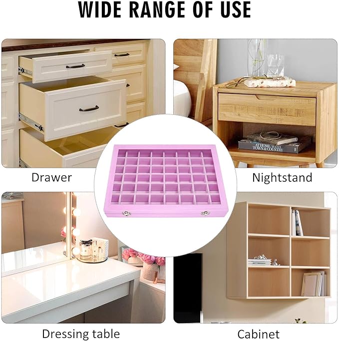 Siveit Velvet Jewelry Tray 48 Grid Jewelry Display Tray Organizer Box with Transparent Lid Rings Earrings Necklaces Pendants Display Box Suitable for Women and Girls (Pink)