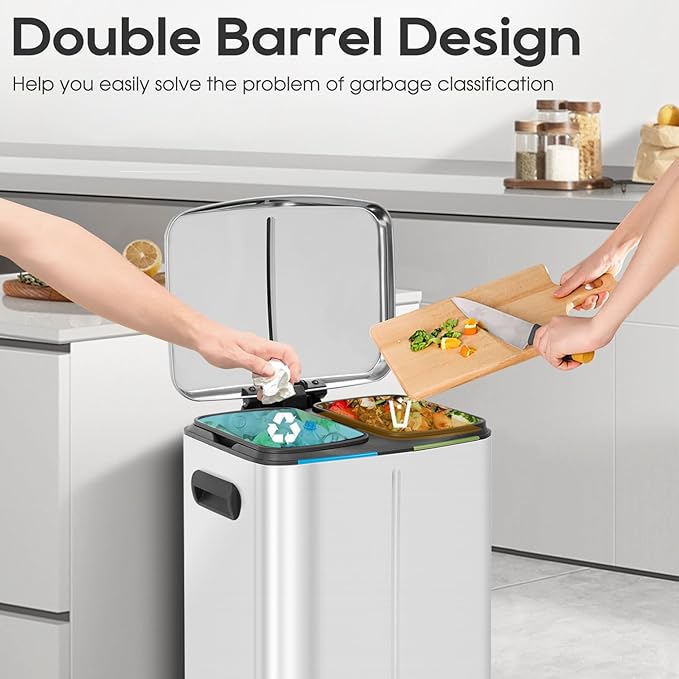 FDW | 10 Gallon Trash Can with Lid | Stainless Steel | Fingerprint-Proof | Made of Stainless Steel | Soft-Close Step Pedal | Hands-Free Use | Easy to Clean | for Kitchen, Office, Bathroom