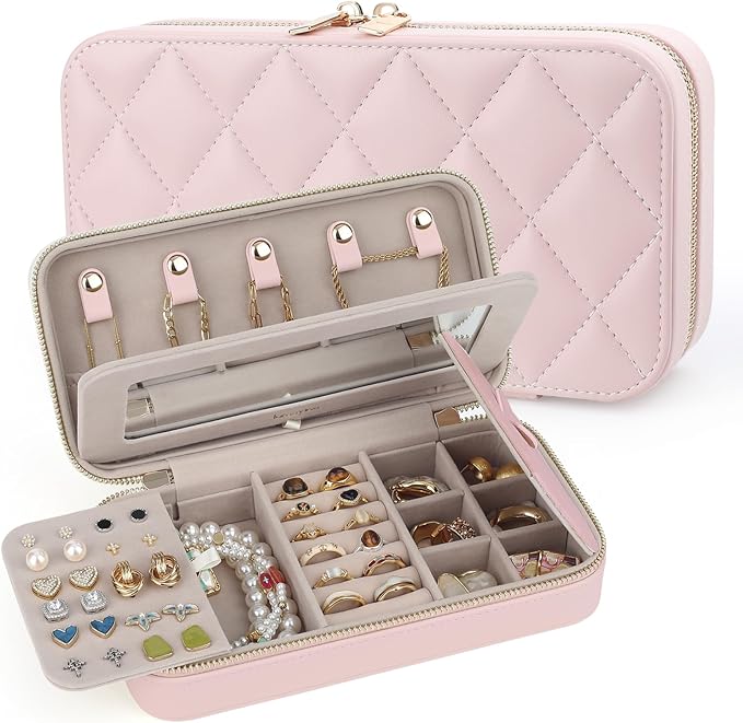 Travel Jewelry Case with Mirror, Quilted Small Jewelry Box Organizer for Women Girls, Portable Earring Necklace Bracelet Ring Holder Storage for Travel Weekend Trips (Blush Pink)