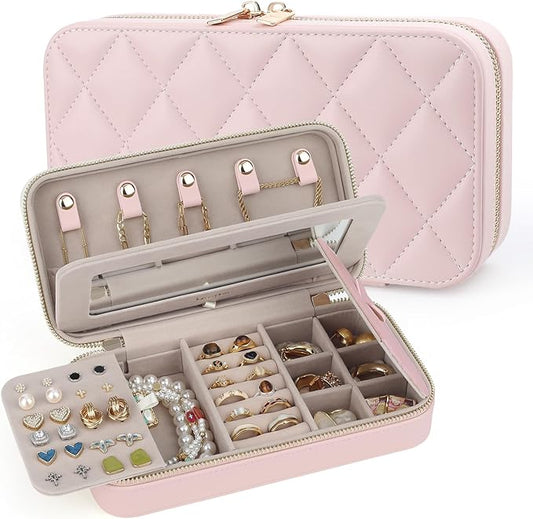 Travel Jewelry Case with Mirror, Quilted Small Jewelry Box Organizer for Women Girls, Portable Earring Necklace Bracelet Ring Holder Storage for Travel Weekend Trips (Blush Pink)