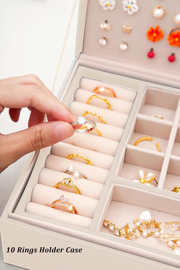 QBestry Girls Jewelry Box Earring Holder Organizer for Girls Jewelry Organizer Box Stud Earrings Organizer for Girl Womens Beige Jewelry Box for Earrings and Necklaces Rings Stud Earring Box for Teen