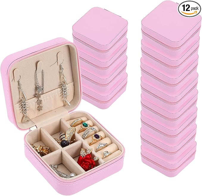 12pcs Mini Travel Jewelry Case,Pink Bridesmaids Proposal Small Jewelry Box Mini Jewelry Organizer,Small PU Leather Portable Storage Box for Rings,Earrings,Necklaces,Pendants,Bracelets