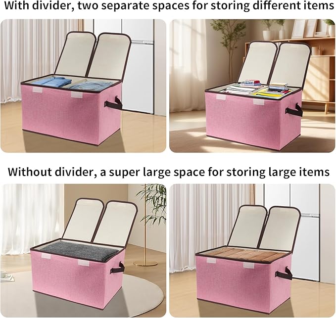 Foldable Fabric Storage Box, 16.5 x 11.8 x 9.8 inches (L x W x H), with Double-Lid & Dividers, Large Organizer for Home, Closet, Office(Pink)