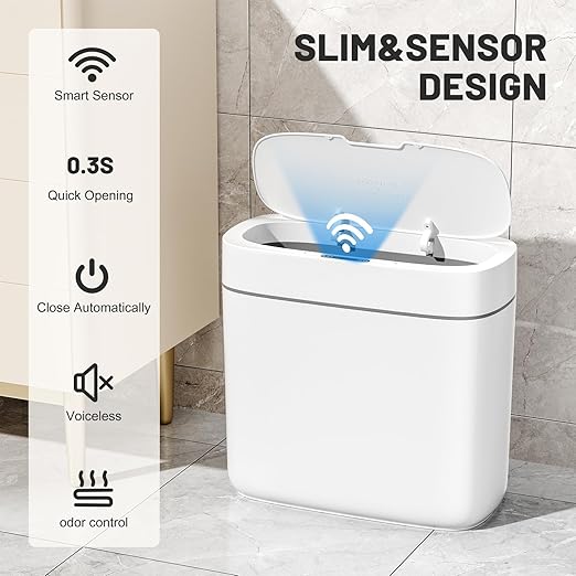 JUDRDO Small Trash Can for Bathroom, 3.5 Gallon Automatic Touchless Trash Can with Lid,Motion Sensor Slim Garbage Can Waterproof Trash Bin Waste Basket for Bedroom, Kitchen