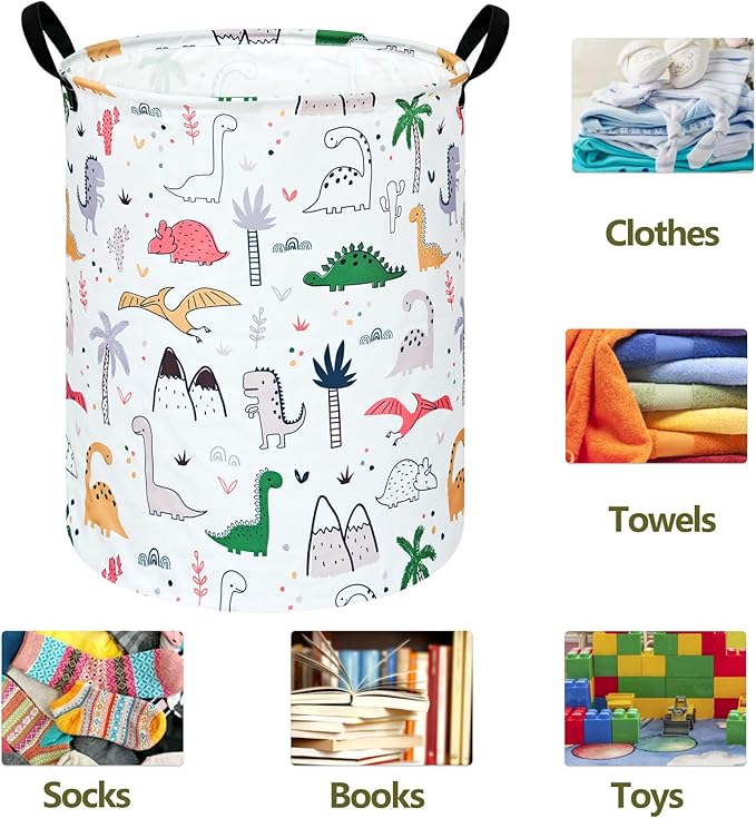 Collapsible Kids Laundry Basket Clothes Hamper, Foldable Storage Organizer Bin, Toy Clothes Storage with Handles for Boys Girls Bedroom, Room Decor Dinosaur