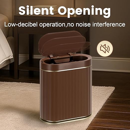 ELPHECO Bathroom Motion Sensor Trash can, 2 Gallon Automatic Garbage Can, Slim Plastic Smart Trash Can with Lid, Commercial Intelligent Trash Bin for Bedroom, Bathroom, Office, Brown Gold