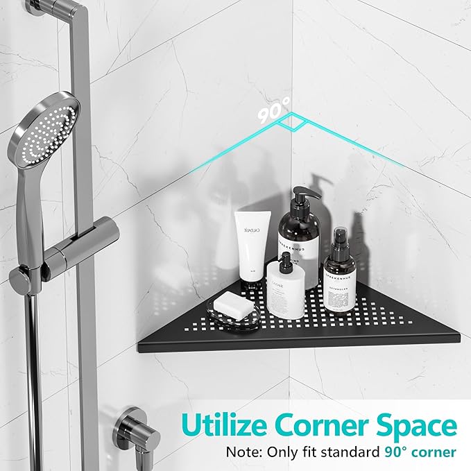 Qeke Bathroom Corner Shelf, Recessed 12" Shower Shelf Caddy, SUS304 Stainless Steel Shelf Wall Mount Triangular, No Drilling, Matte Black