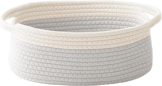 JMvicyroam Woven Basket,Small Rope Storage Bin with Handles & Ribbon Bag, Organizer for Shelves Closets,Gift Basket Empty for Birthday,Books,Dog Toys, White&Grey