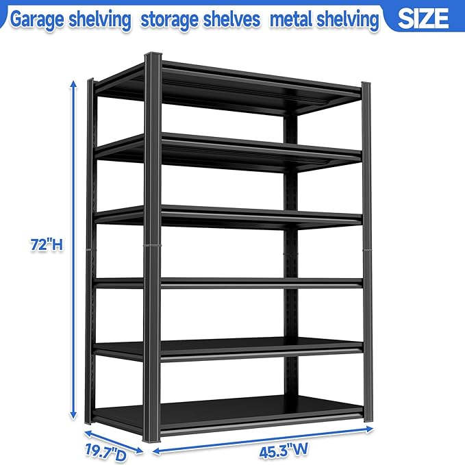PRESTELION 6-Tier Storage Shelves Heavy Duty 3000LBS Garage Shelving Unit Adjustable Metal Shelf for Basement, Warehouse, Pantry, Closet, Kitchen 78" H x 45.3" W x 19.7" D, Black