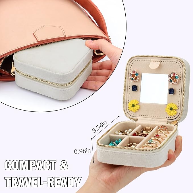 DesignSter Travel Jewelry Box - Velvet Mini Jewelry Organizer, Small Jewelry Case for Girls Women, Jewelry Storage Box for Rings Earrings Necklace (Square, Cream Beige)