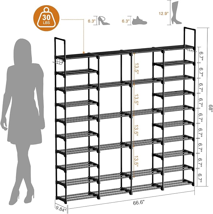 WOWLIVE 4 Row 10 Tiers Extra Large Shoe Rack Big Tall Metal Shoe Shelf, Heavy Duty Organizer for Closet Entryway, Boot Rack Storage Stackable Stand for Garage Black