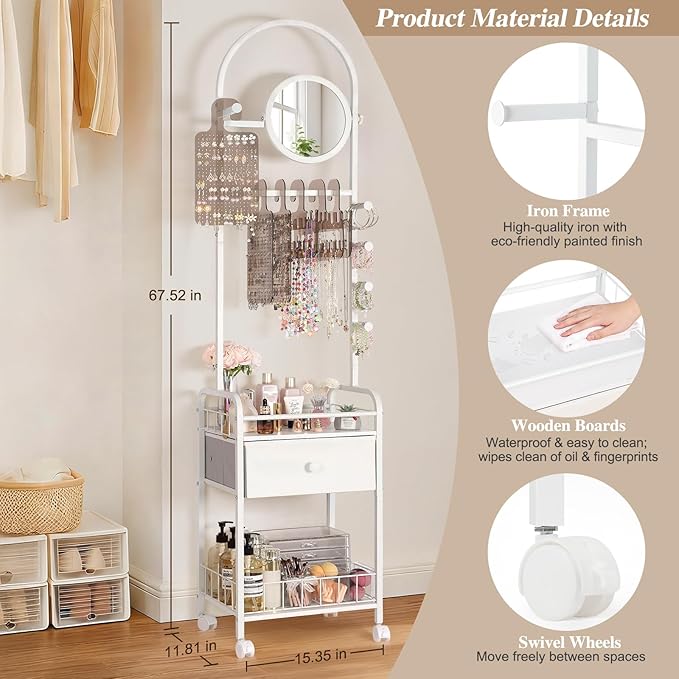 Keebofly Floor Jewelry Organizer with Adjustable Mirror, 67.52" Tall Jewelry Display Stand with 6 Acrylic Earring Necklace Pegboards, Mobile Jewelry Tower with Large Storage Drawer for Women