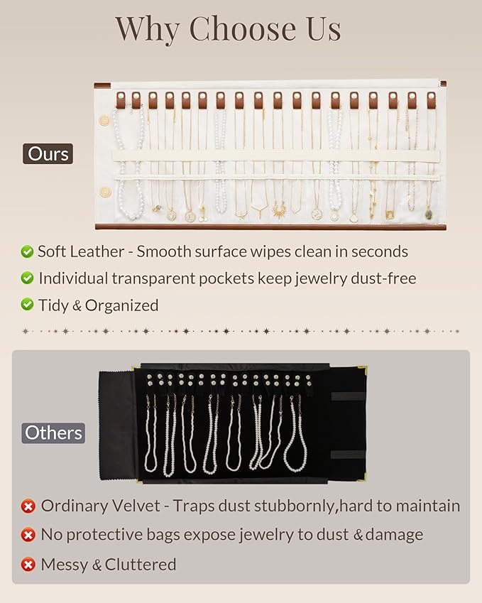 Lolalet Travel Necklace Organizer, Tangle-Free Necklace Case for Travel, Leather Foldable Roll Up Jewelry Storage Bag for Necklaces Chains Bracelets, Mothers Day Gift