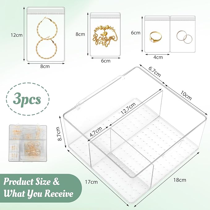 3 Pack 4-in-1 Clear Jewelry Box Organizers with 80 Portable Anti Tarnish Jewelry Bags, Acrylic Organizers and Storage for Women Girls Earrings Rings Necklaces Bracelets Holder