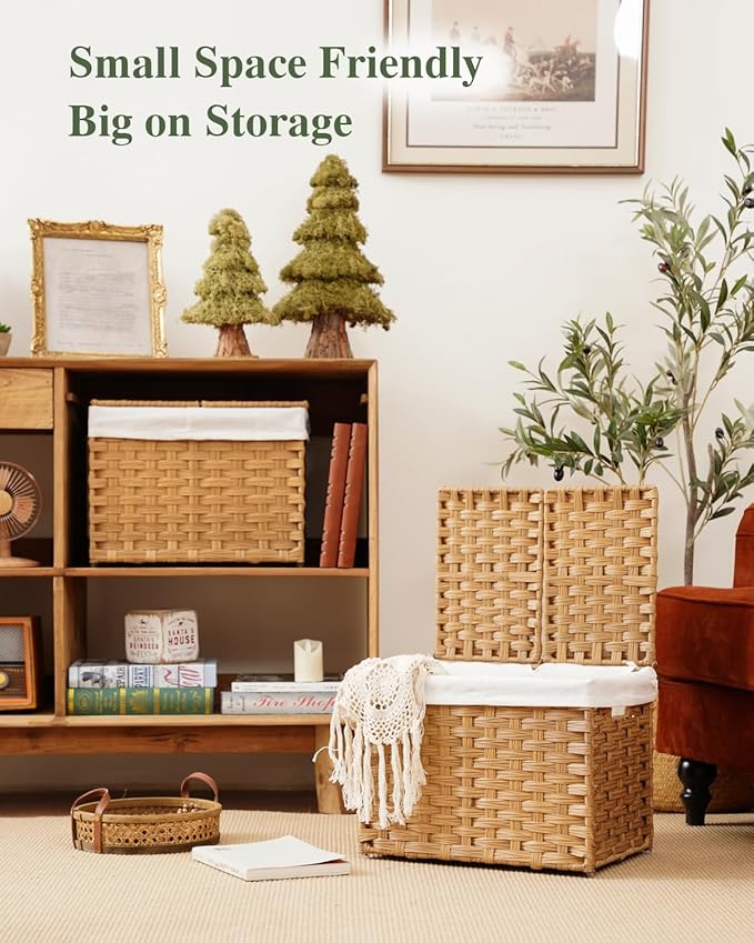 SETVSON Storage Basket with Lid Woven Wicker Baskets with 2 Separate Lid, 9.2 Gallon (35 L) Wicker Storage Bins with Handles, Foldable and 2 Removable Liner Bags for Bedroom, Laundry Room Natural