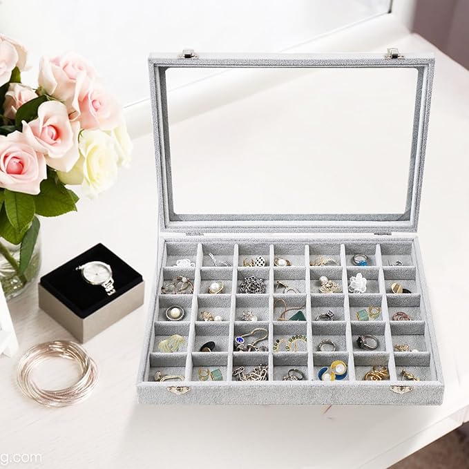 Jewelry Tray 35 Grid Velvet Jewelry Organizer with Clear Lid Transparent Earring Bracelet Organizer Holder Case with Clasp Drawer Insert for Rings Studs Gift for Women Girls