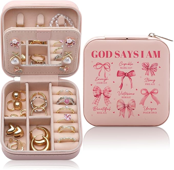 God Says I Am Jewelry Box Inspirational Christian Gifts Religious Faith Based Gift Bible Verse Jewelry Case Pink Coquette Bow Travel Jewellery Organizer